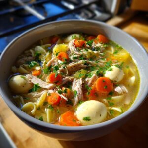 A comforting bowl of Grandma's Chicken Noodle Soup, filled with shredded chicken, noodles, carrots, and herbs.