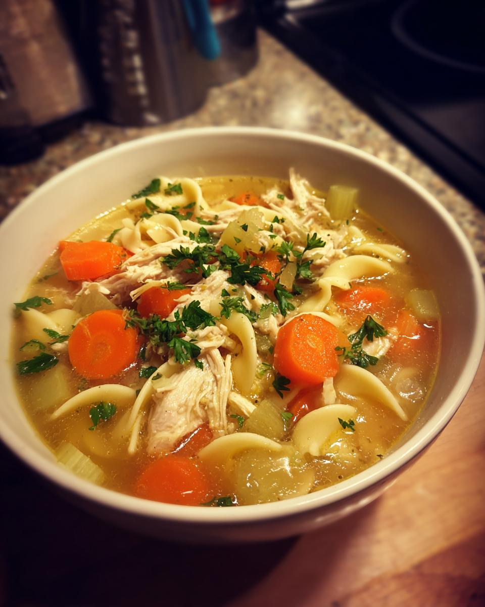 A comforting bowl of Grandma's Chicken Noodle Soup, filled with noodles, shredded chicken, carrots, and celery, garnished with parsley.