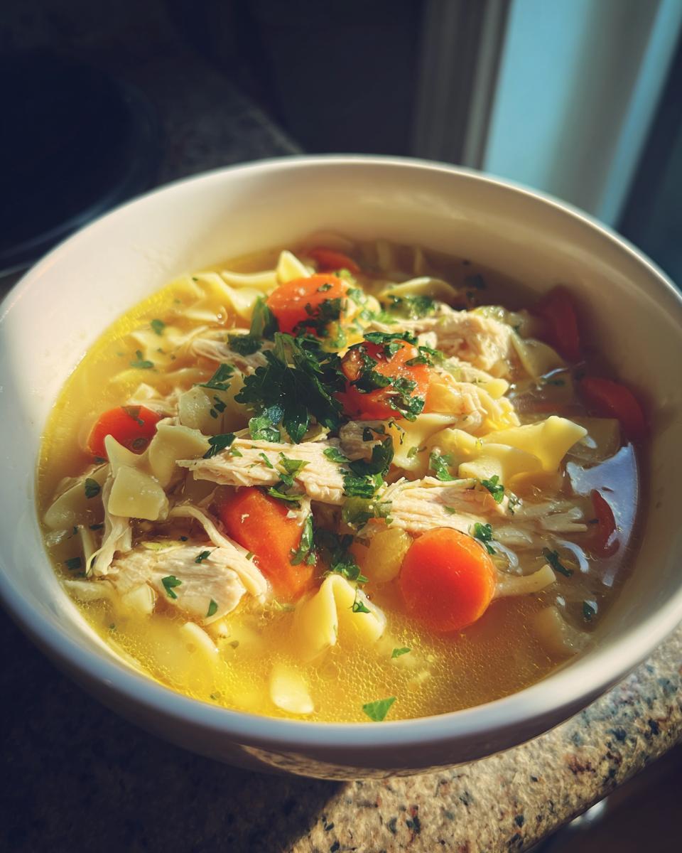 A comforting bowl of Grandma's Chicken Noodle Soup, filled with shredded chicken, wide noodles, and carrots, garnished with fresh parsley.