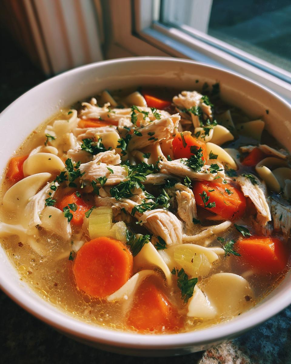 A close-up of a steaming bowl of Grandma's Chicken Noodle Soup, filled with tender chicken, carrots, noodles, and parsley.