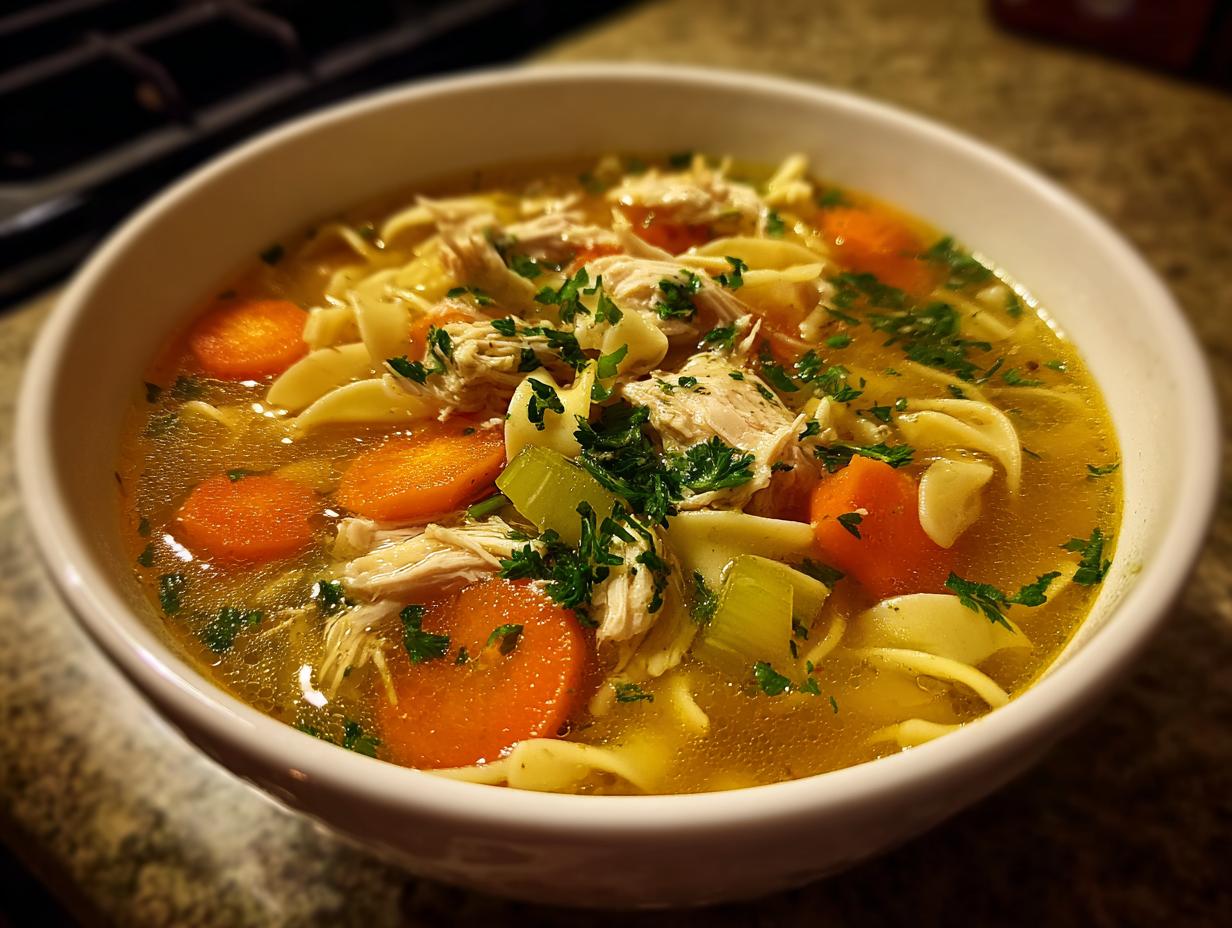 A close-up of a steaming bowl of Grandma's chicken noodle soup, filled with tender chicken, wide noodles, carrots, and celery, garnished with parsley.