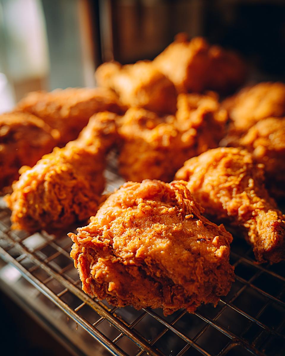 Close-up of golden-brown, crispy Grandma's Fried Chicken pieces cooling on a wire rack.