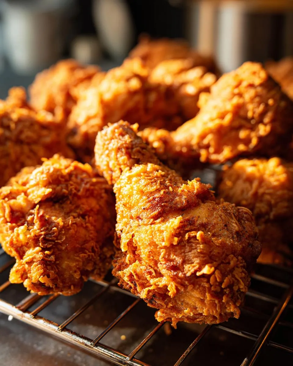 Close-up of golden brown, crispy Grandma's Fried Chicken pieces on a cooling rack.