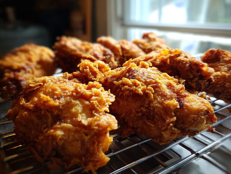 Close-up of golden-brown, crispy Grandma's fried chicken pieces resting on a cooling rack.