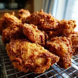 A close-up of a pile of perfectly golden brown Grandma's Fried Chicken pieces resting on a cooling rack.