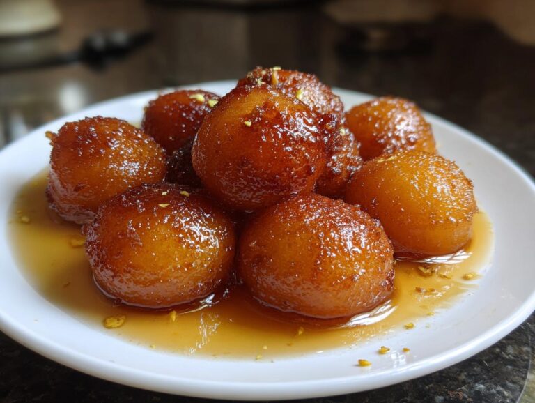 Close-up of a plate filled with golden-brown Gulab Jamun, glistening in syrup and garnished with chopped pistachios.
