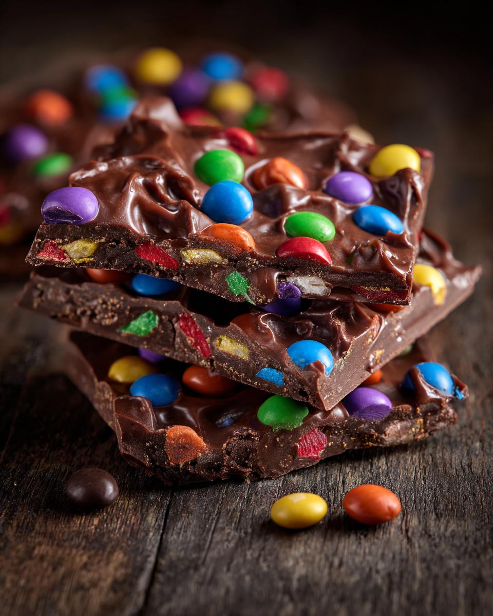 Close-up of stacked Halloween candy bark made with rich chocolate and colorful candy pieces.
