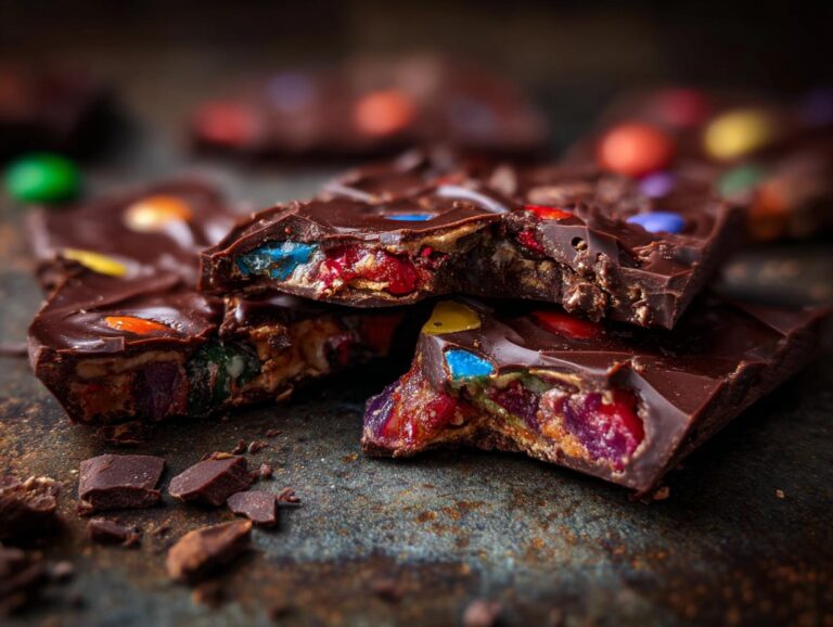 Close-up of broken pieces of Halloween candy bark, revealing colorful candies embedded in dark chocolate.