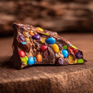 A close-up of a delicious slice of Halloween candy bark, loaded with colorful candies and chocolate.