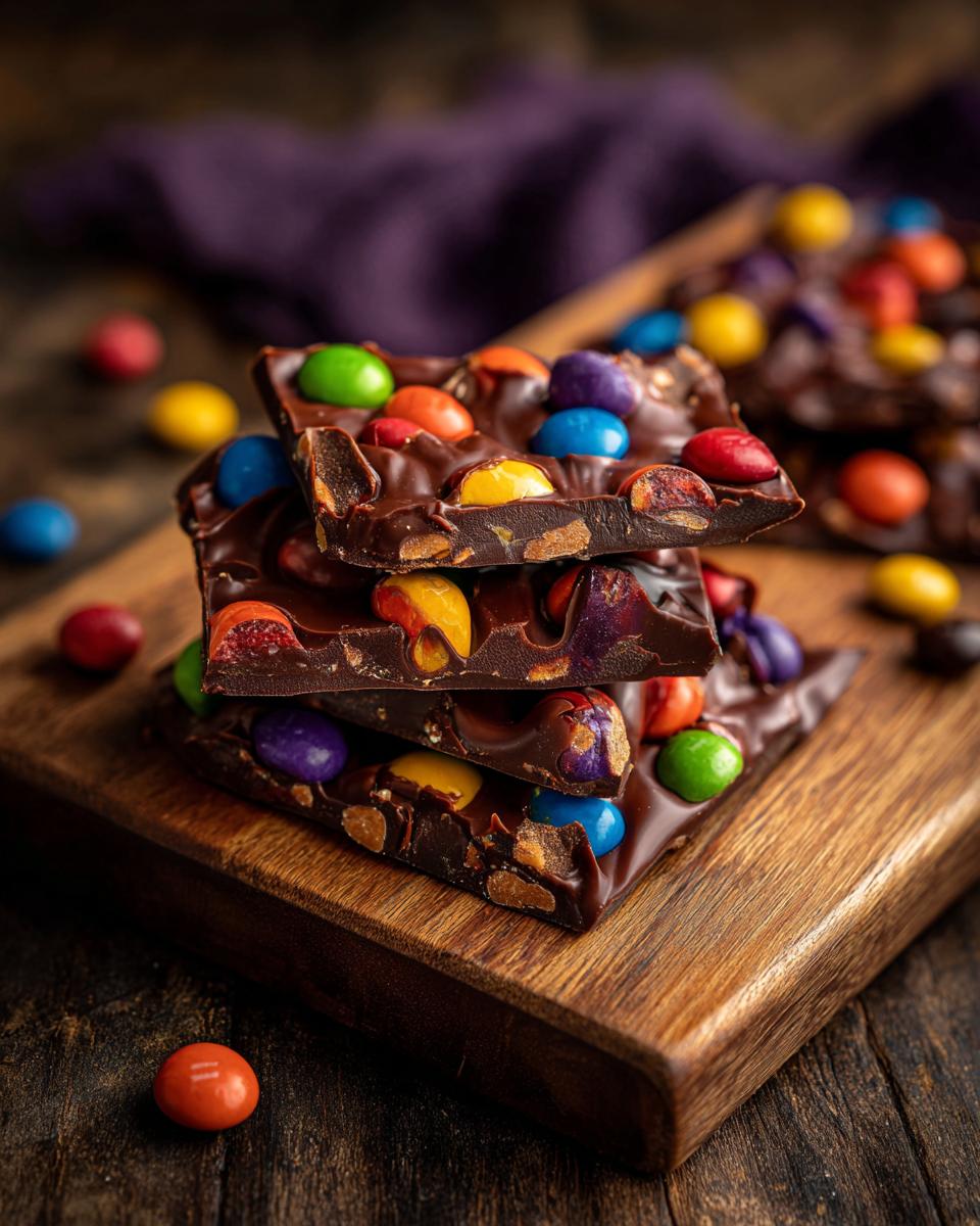 A stack of dark chocolate Halloween candy bark pieces, topped with colorful candy-coated chocolates and nuts.