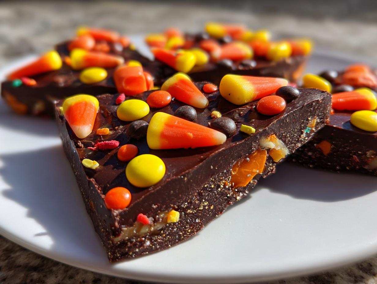 Pieces of Halloween chocolate bark topped with candy corn, sprinkles, and colorful chocolate candies.