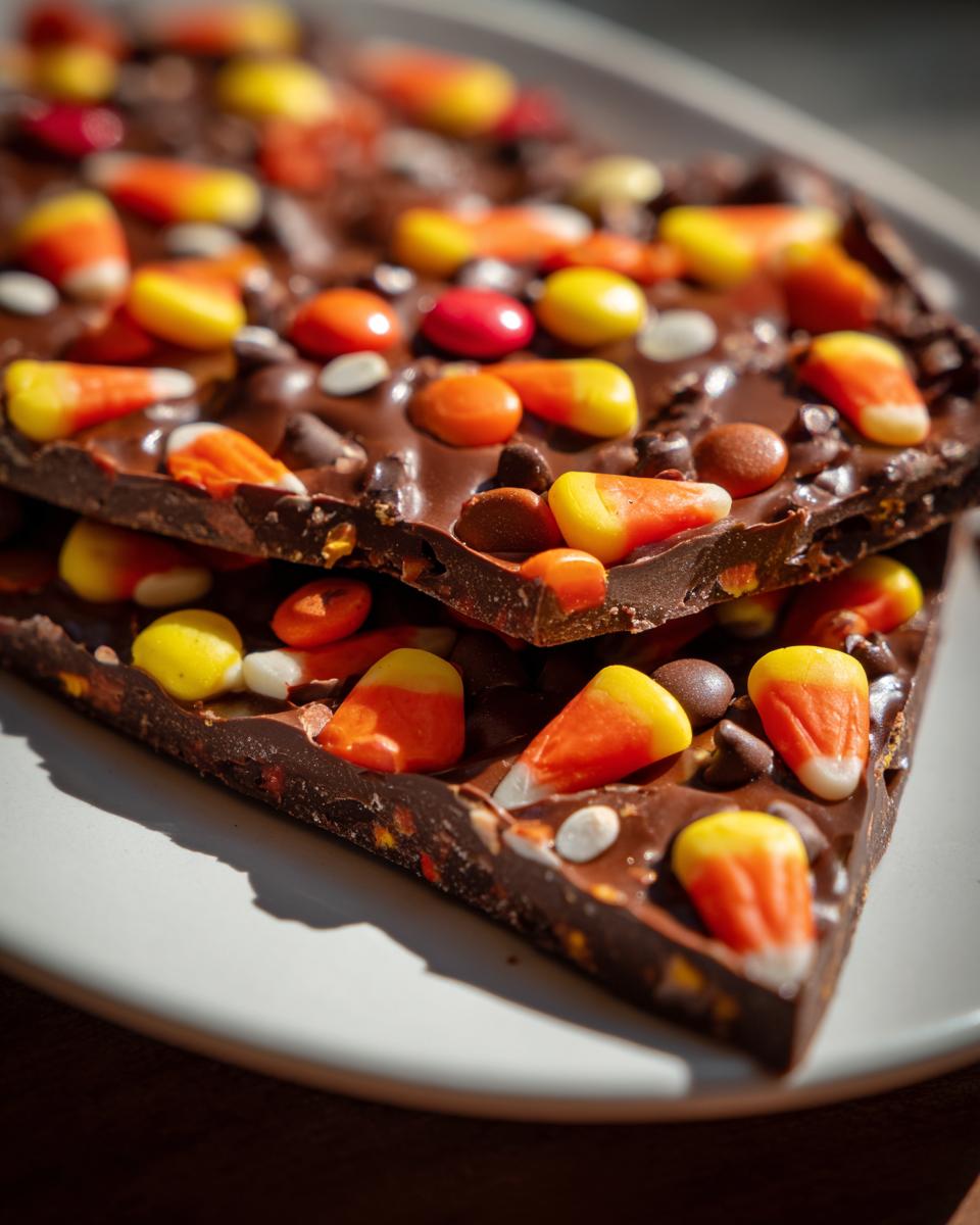 Two pieces of Halloween chocolate bark stacked, featuring candy corn, chocolate chips, and colorful candies.