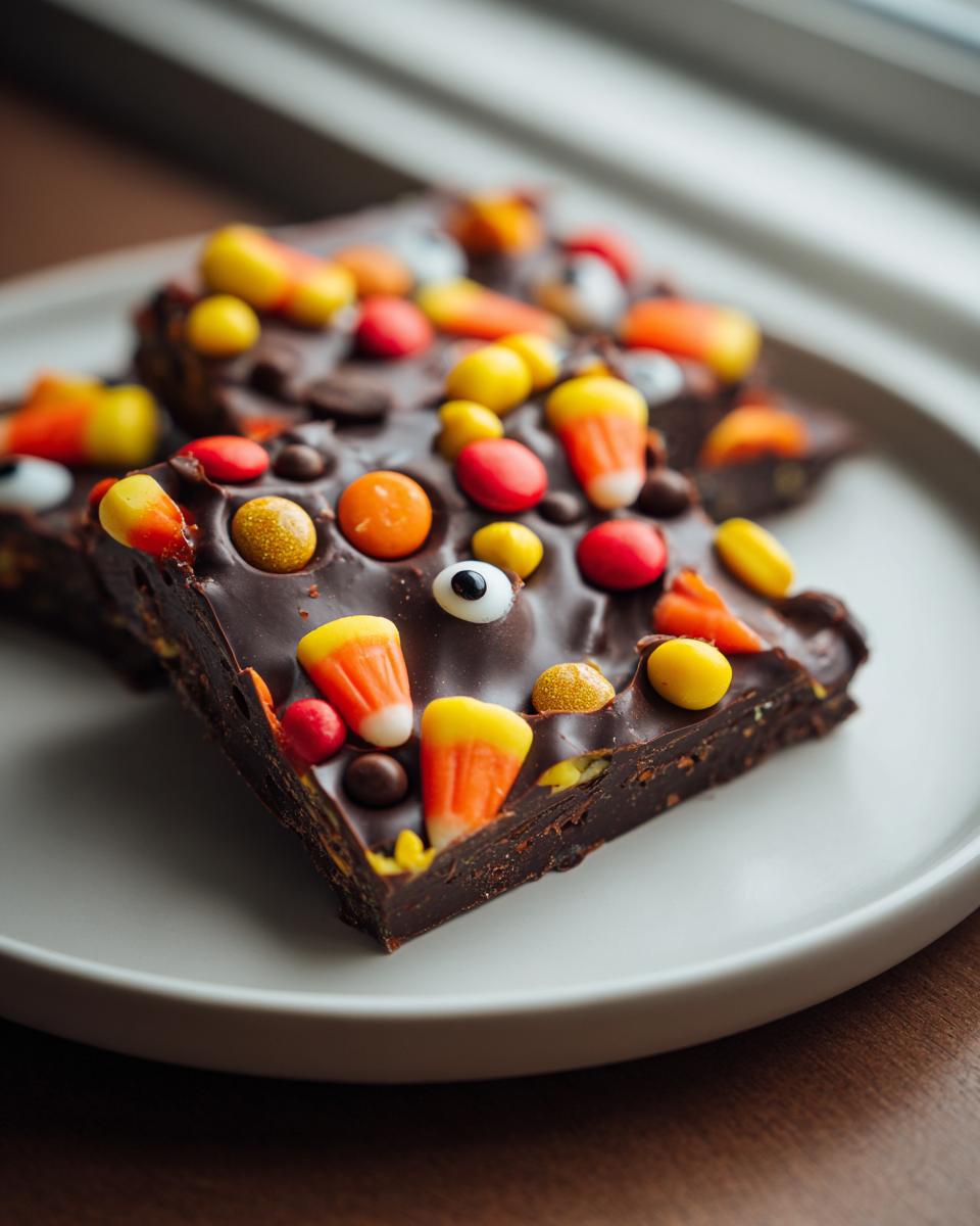 Two pieces of Halloween chocolate bark topped with candy corn, chocolate candies, and edible eyeballs.