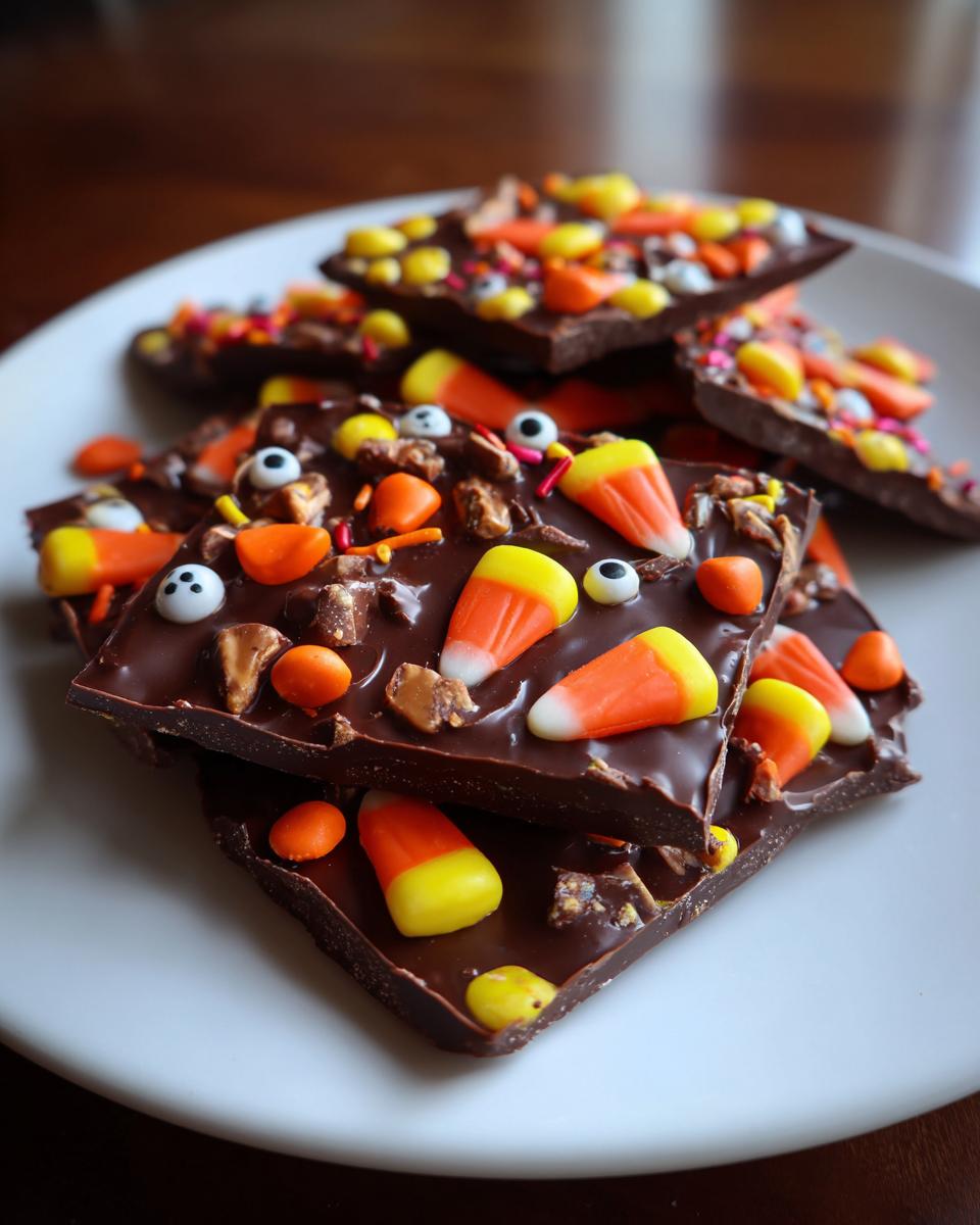 A stack of homemade Halloween chocolate bark pieces, decorated with candy corn, sprinkles, and candy eyeballs.