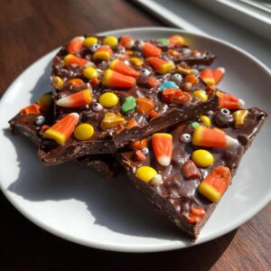 Pieces of Halloween chocolate bark topped with candy corn, sprinkles, and candy eyes on a white plate.