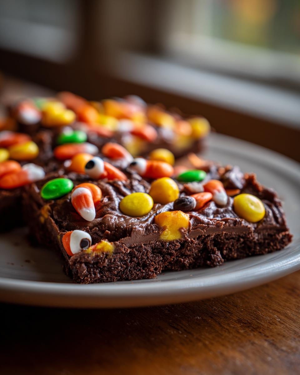 Close-up of Halloween chocolate bark squares topped with candy corn, M&Ms, and candy eyes.
