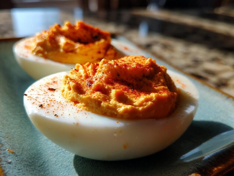 Two spooky Halloween deviled eggs on a plate, sprinkled with paprika.