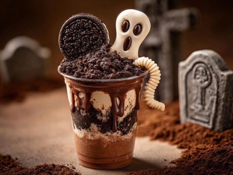 A Halloween dirt cup featuring layers of chocolate pudding, crushed cookies, and a candy ghost decoration.