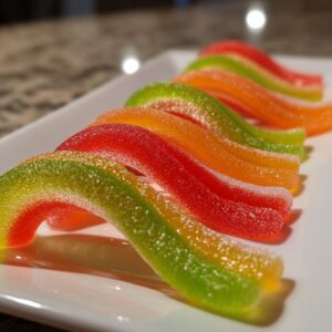 Close-up of colorful Halloween Jello Worms candy arranged on a white plate, with red, orange, and green colors.