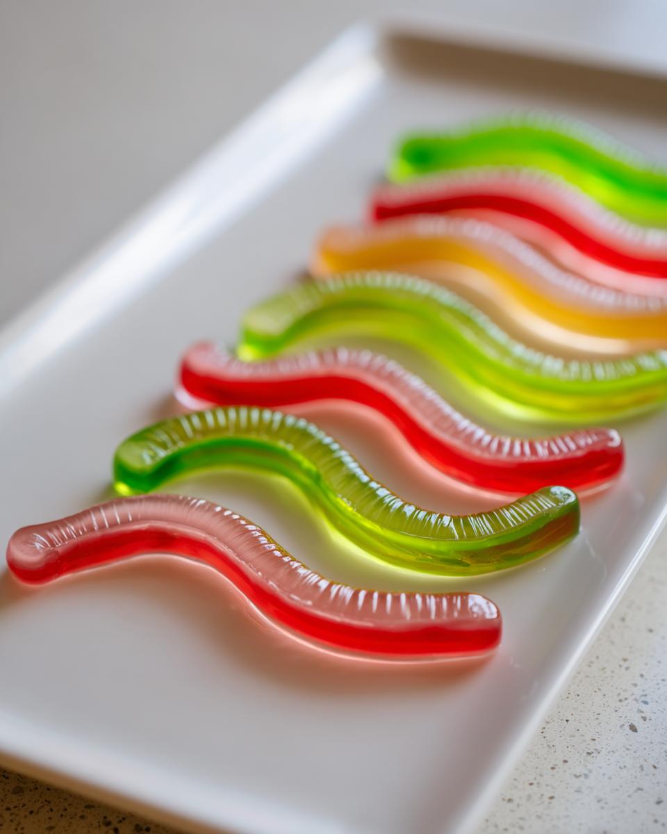 A close-up of several colorful Halloween Jello Worms arranged in wavy lines on a white rectangular plate.