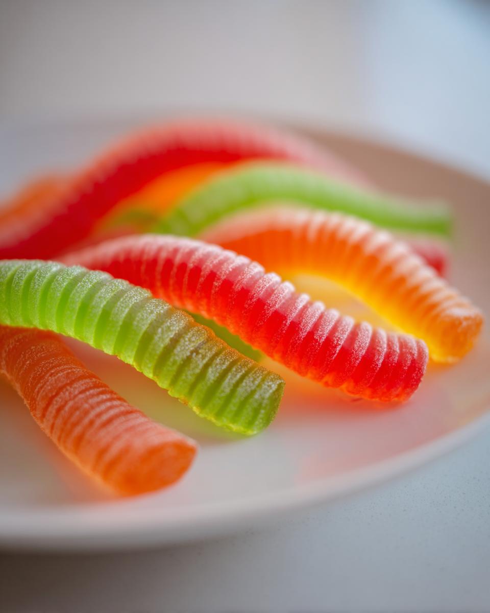 Close-up of assorted colorful Halloween Jello Worms on a white plate, ready to be eaten.