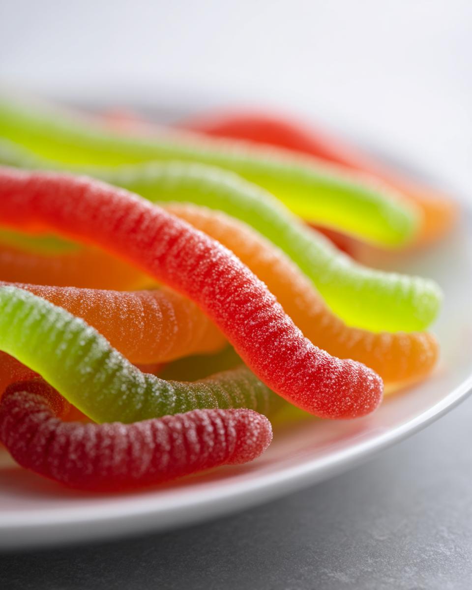 A close-up shot of a pile of colorful Halloween Jello Worms in red, orange, and green on a white plate.