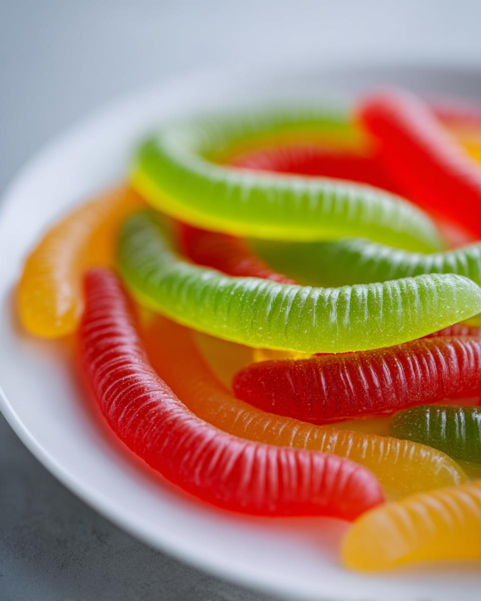 A close-up of colorful Halloween Jello Worms in red, green, and orange arranged on a white plate.