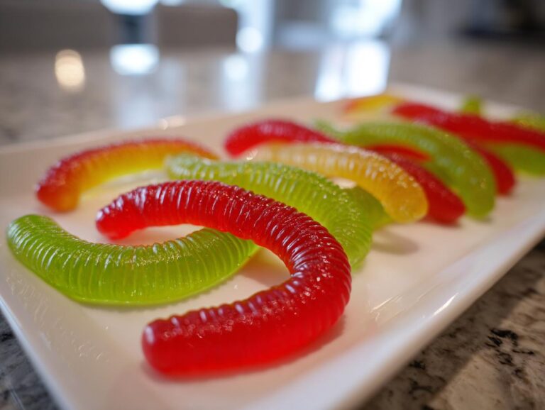 A close-up of colorful Halloween Jello Worms in red, green, and yellow arranged on a white rectangular plate.
