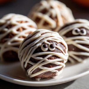 Close-up of Halloween Oreo truffles decorated as mummies with candy eyes and white chocolate wrappings.