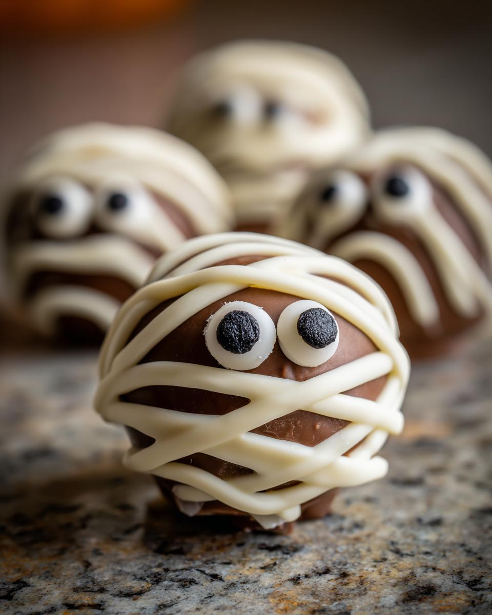 Close-up of Halloween Oreo truffles decorated as mummies with candy eyes and white chocolate bandages.