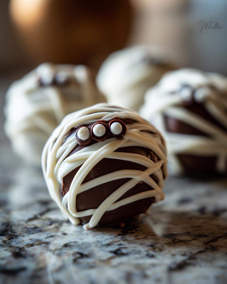 Close-up of a mummy Halloween Oreo truffle with candy eyes and white chocolate drizzle.