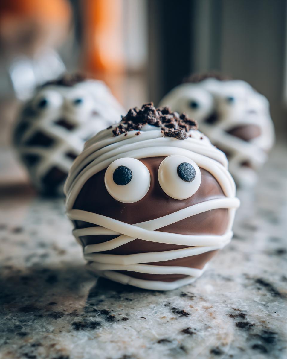 Close-up of a mummy Halloween Oreo truffle with candy eyes and white chocolate wrap.