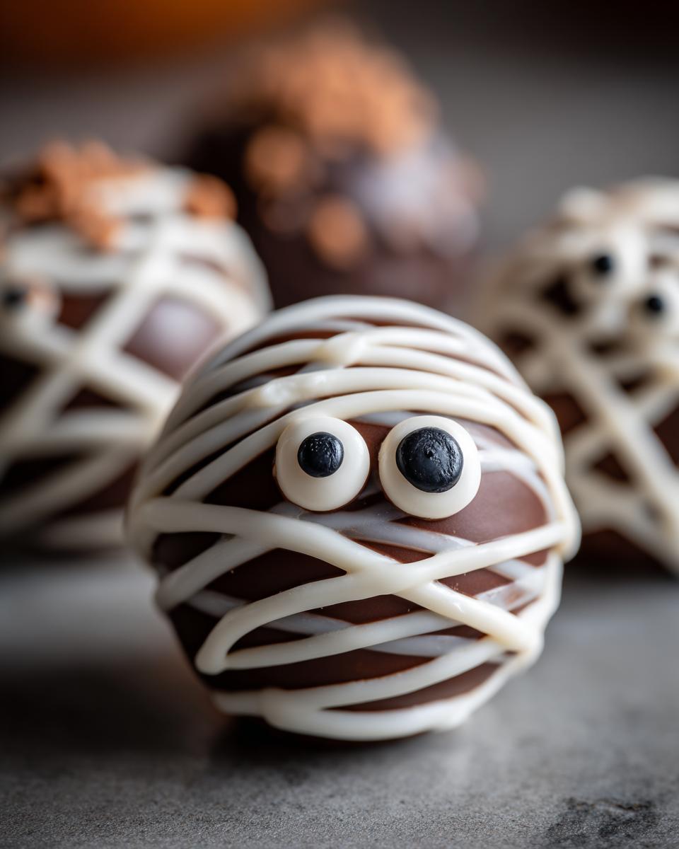 Close-up of a mummy Halloween Oreo truffle with candy eyes and white chocolate drizzle.