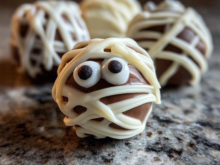 Close-up of a Halloween Oreo truffle decorated as a mummy with candy eyes and white chocolate drizzle.