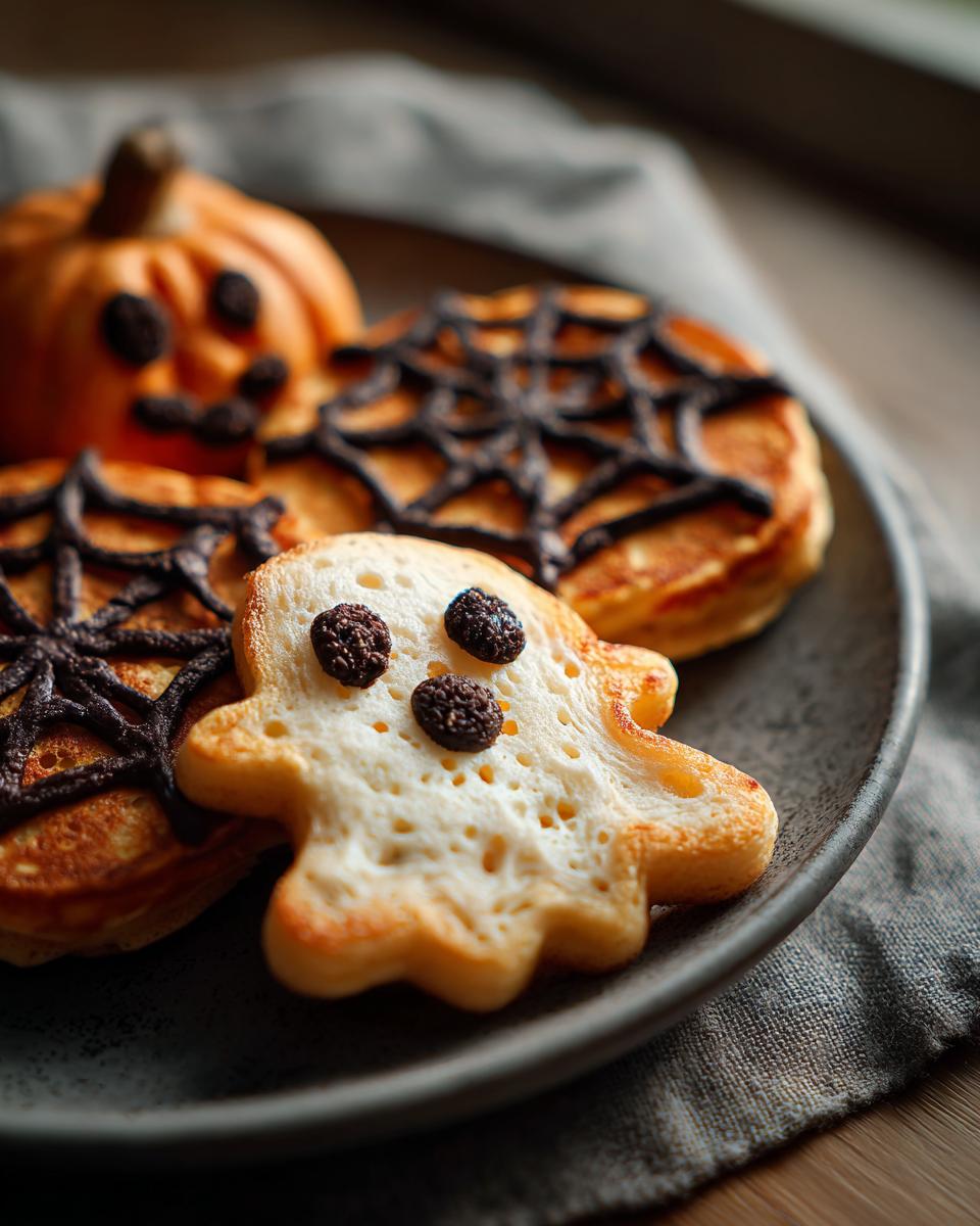 Festive Halloween pancakes shaped like a ghost, spiderweb, and pumpkin, decorated with chocolate and raisins.