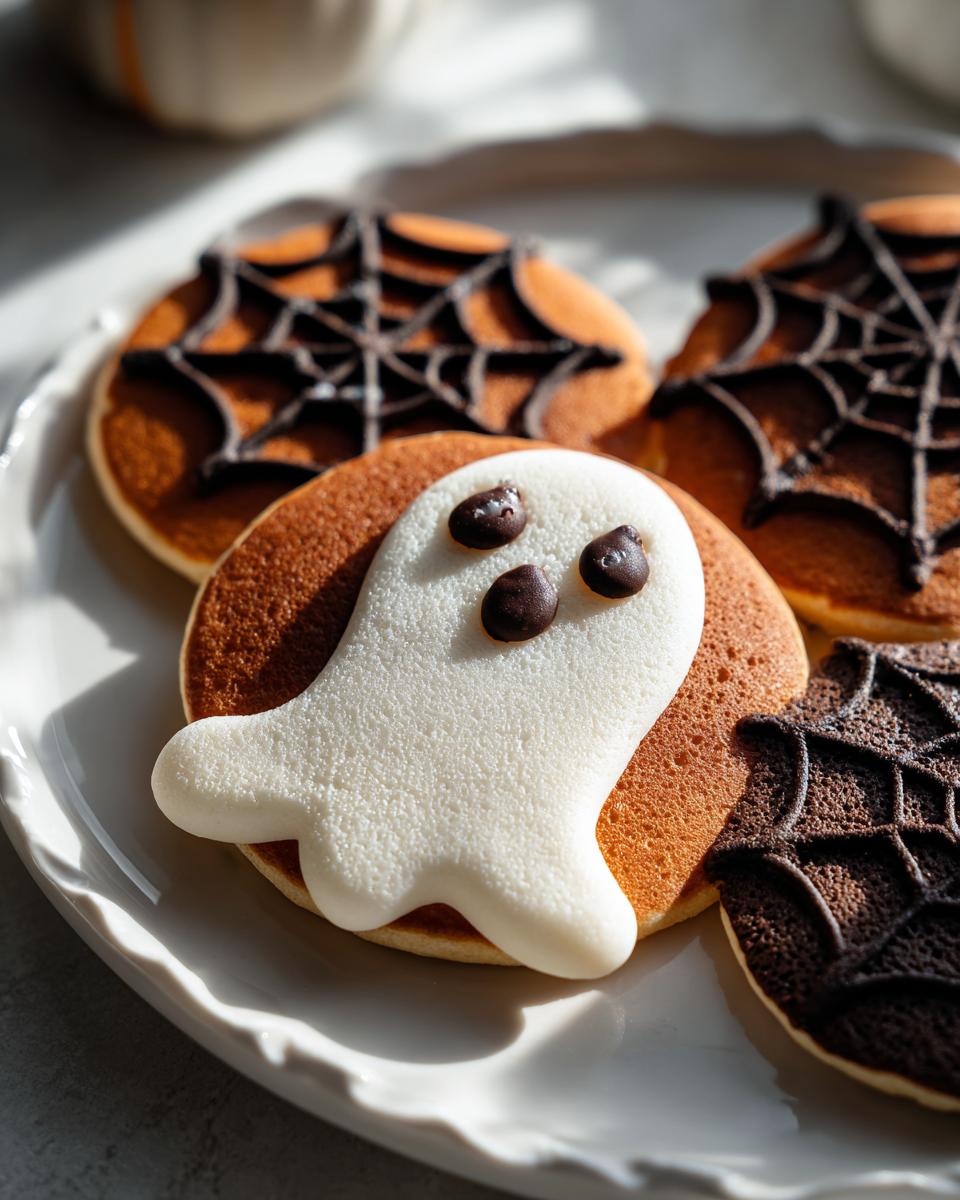 A plate of Halloween pancakes decorated with a ghost made of white icing and chocolate chips, and spiderwebs.