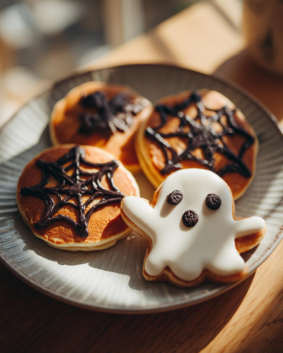 Plate of Halloween pancakes decorated with chocolate spiderwebs and a ghost-shaped pancake with white icing.