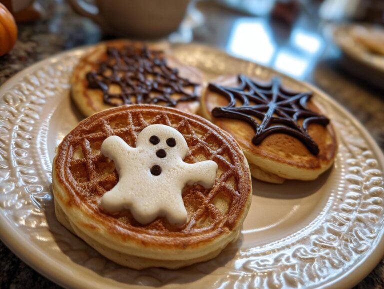 A plate of Halloween pancakes decorated as a ghost, spiderweb, and spider using chocolate and frosting.