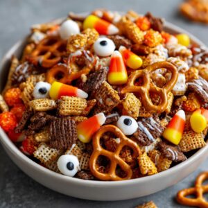 Close-up of a bowl filled with Halloween snack mix, including pretzels, cereal, candy corn, and edible eyeballs.
