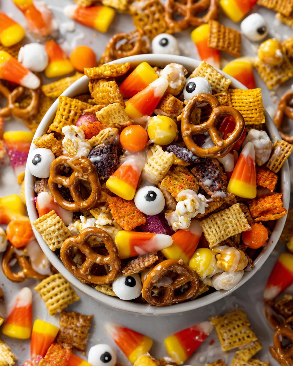 Overhead shot of a bowl filled with Halloween snack mix, including pretzels, candy corn, cereal, and candy eyeballs.