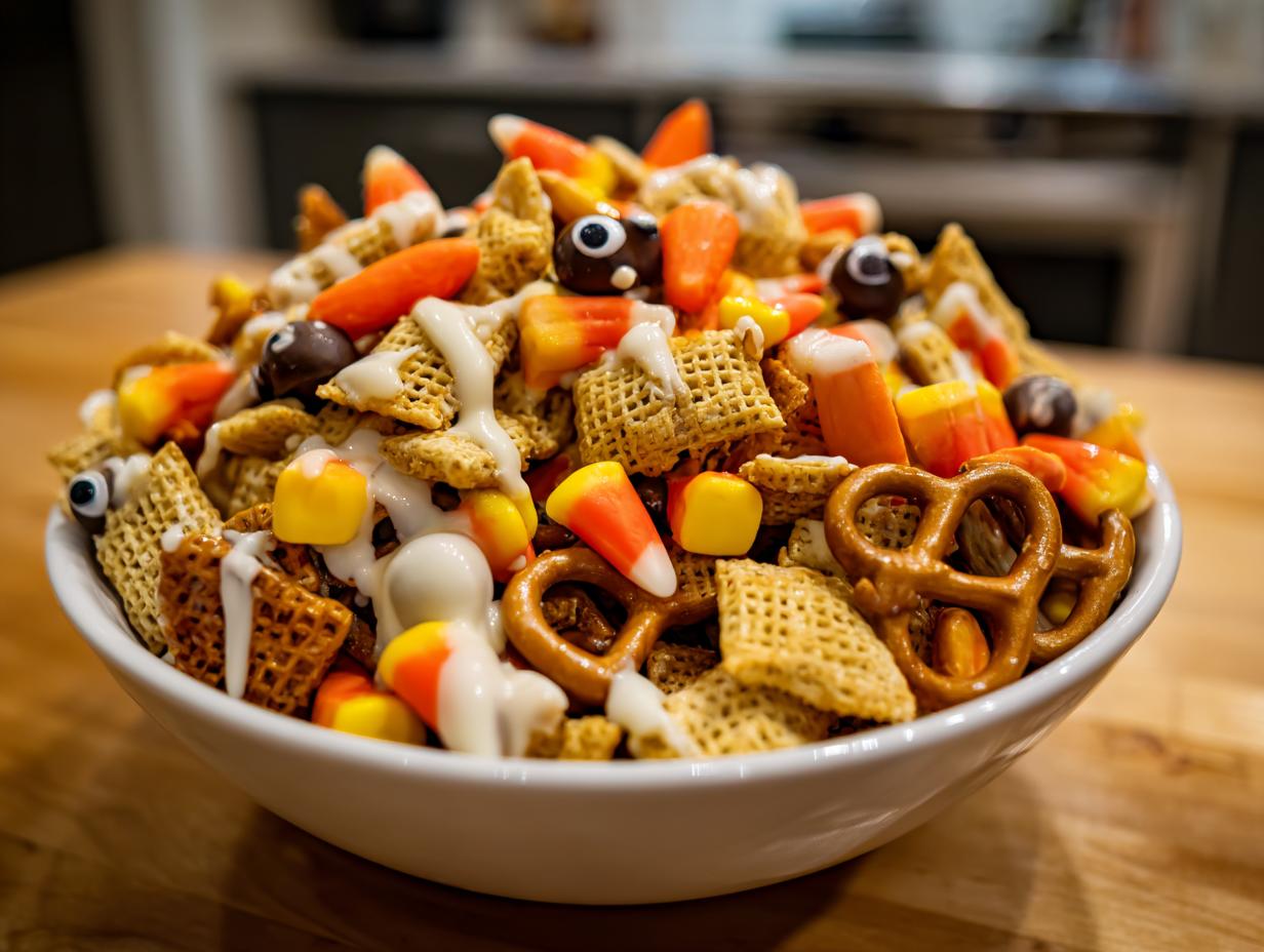 A bowl overflowing with Halloween snack mix, featuring cereal, pretzels, candy corn, and chocolate eyeballs.