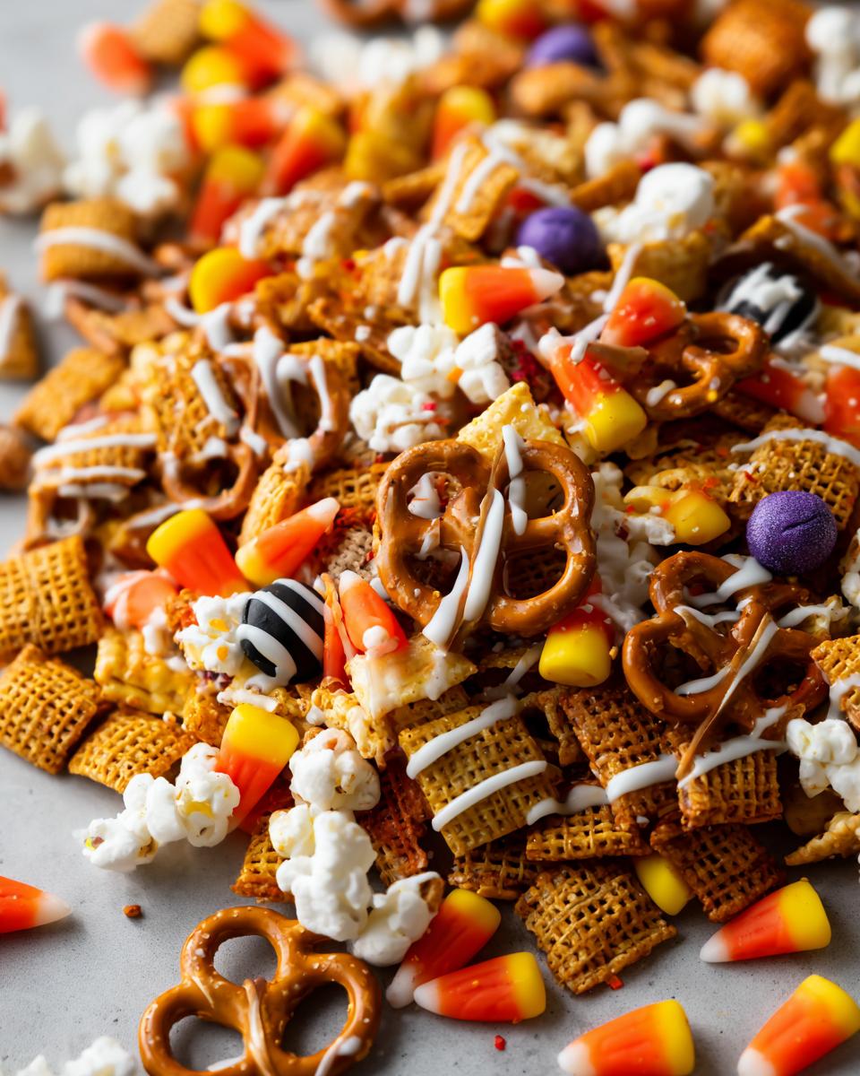 Close-up of a colorful Halloween snack mix featuring cereal, pretzels, popcorn, candy corn, and Halloween-themed candies.