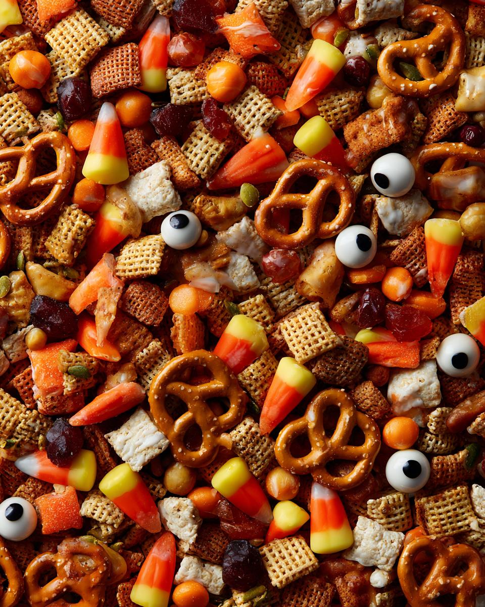Close-up of a Halloween snack mix featuring pretzels, candy corn, cereal squares, and candy eyeballs.