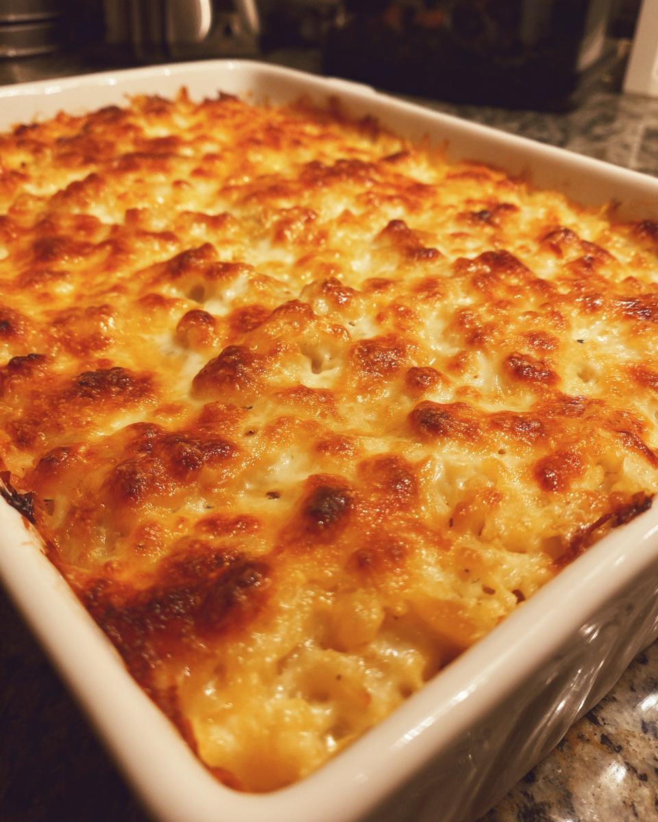 Close-up of a bubbling, golden-brown baked hash brown casserole in a white dish.