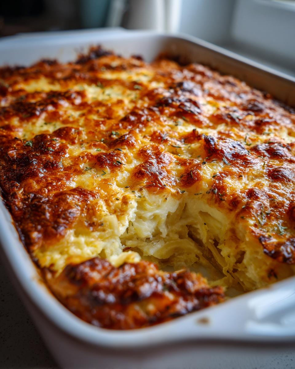 Close-up of a golden brown, cheesy hash brown casserole with a scoop removed, revealing layers of potatoes.