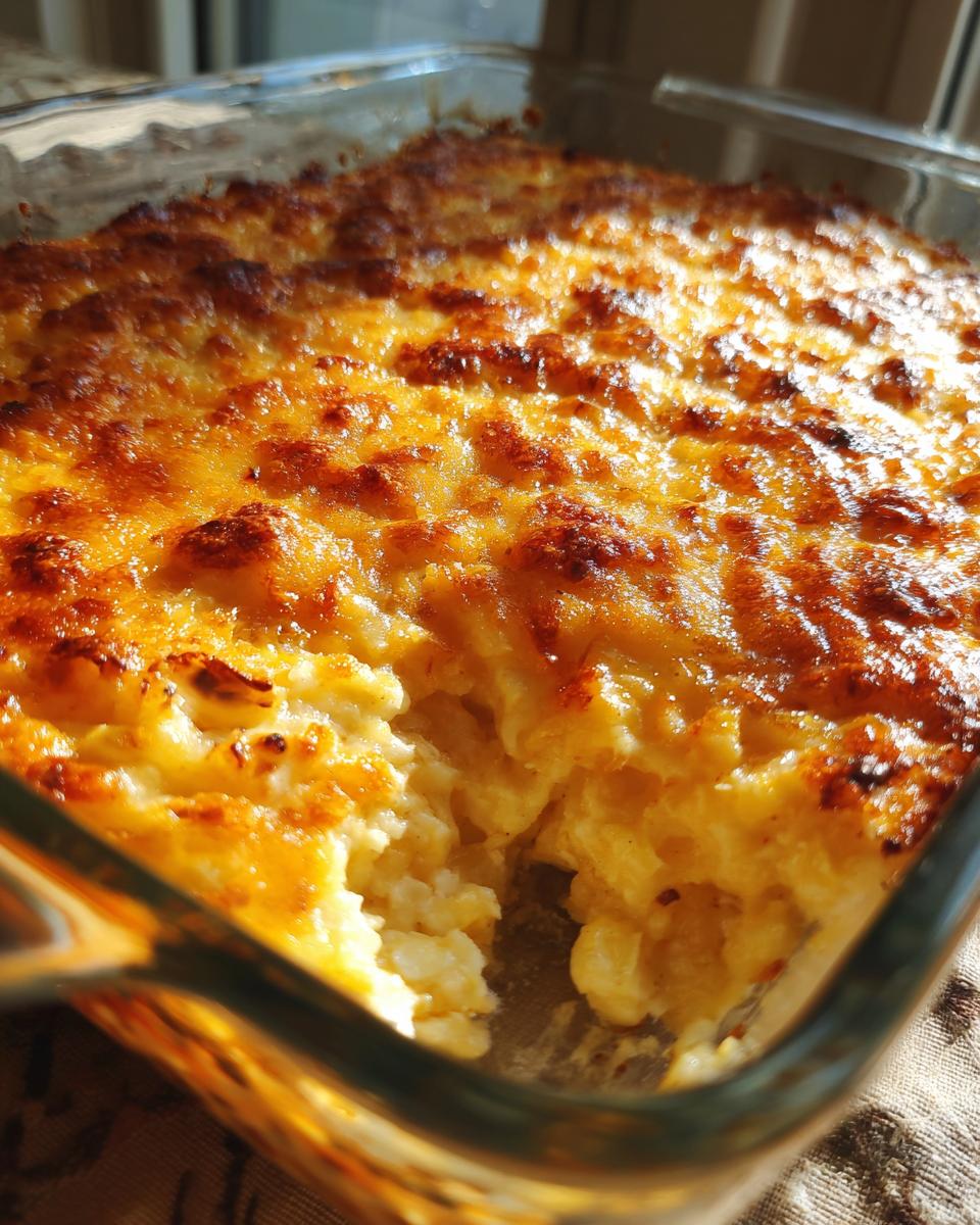 Close-up of a golden brown, cheesy hash brown casserole in a glass baking dish, with a scoop removed.