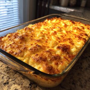 Close-up of a golden brown, bubbly hash brown casserole fresh out of the oven in a glass baking dish.