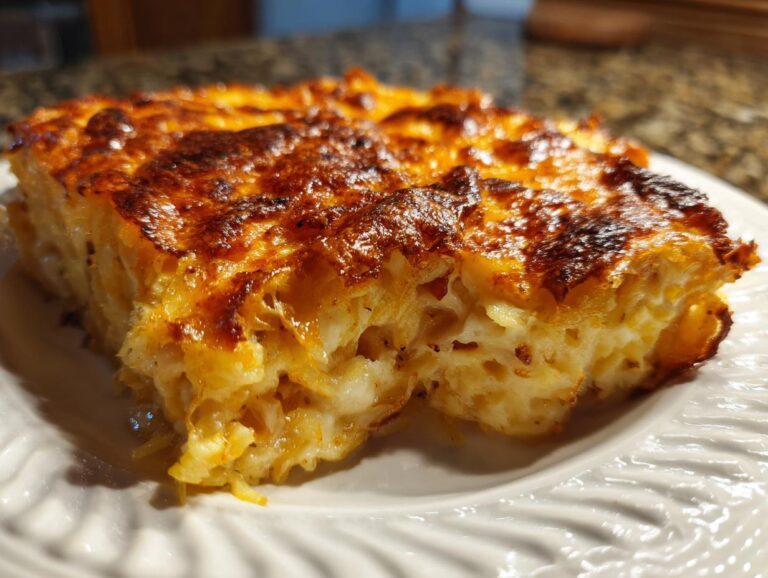 A close-up of a golden-brown slice of hash brown casserole on a white plate.
