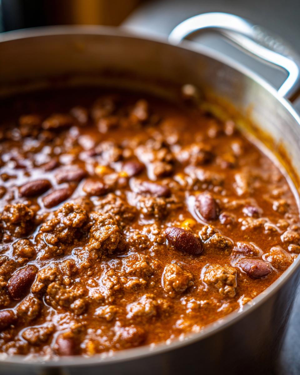 Close-up of a pot filled with hearty beef chili, featuring ground beef and kidney beans in a rich sauce.
