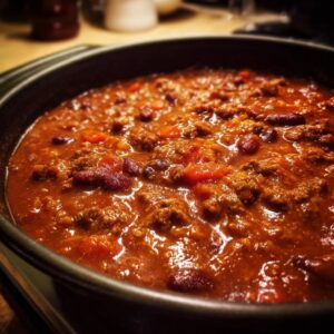A close-up view of a pot filled with hearty beef chili, featuring ground beef, kidney beans, and diced tomatoes.